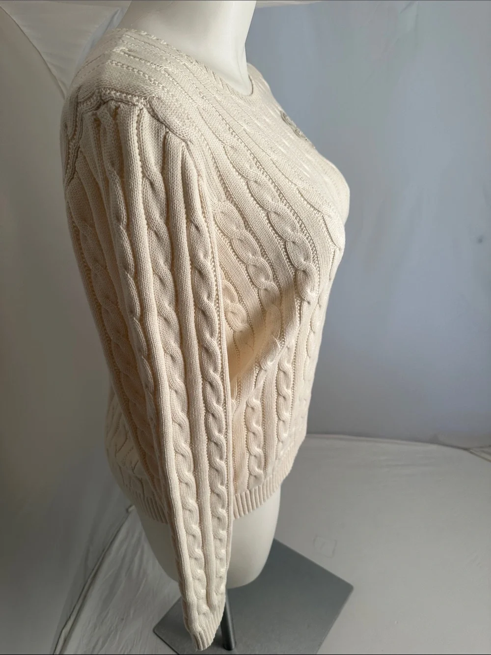 Ralph Lauren Winter Cream cable knit crew neck sweater with appliqué & buttons